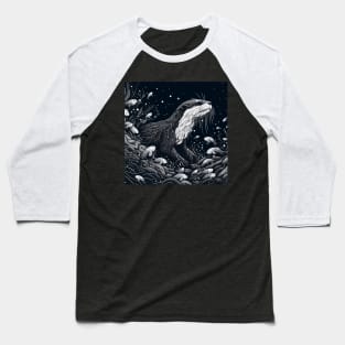 Monochromatic Outline Otter Swimming Underwater World Baseball T-Shirt